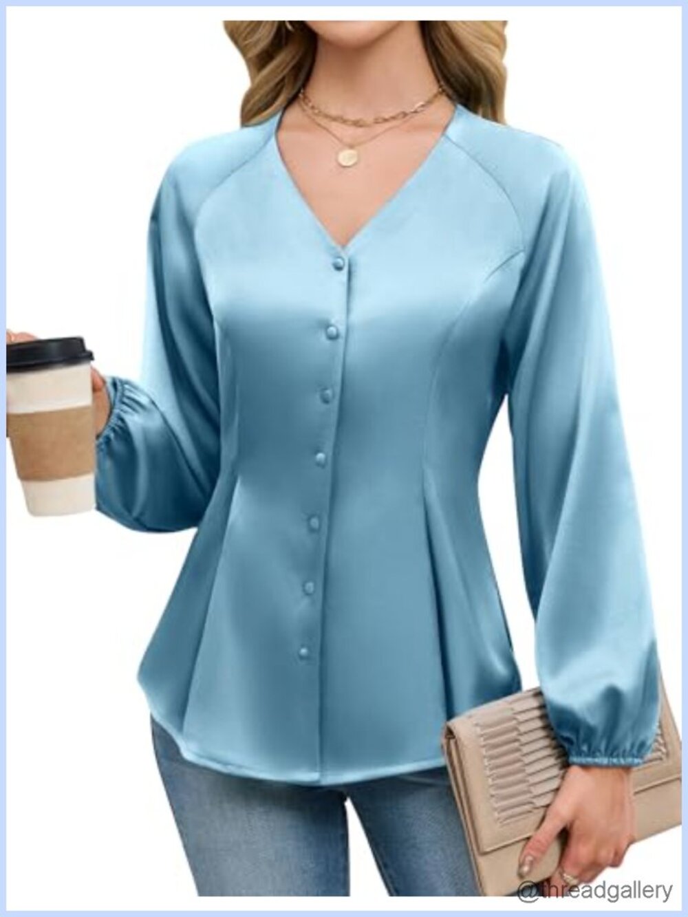 Satin Silk V Neck Button Down Long Sleeve Peplum Blouse Work Top